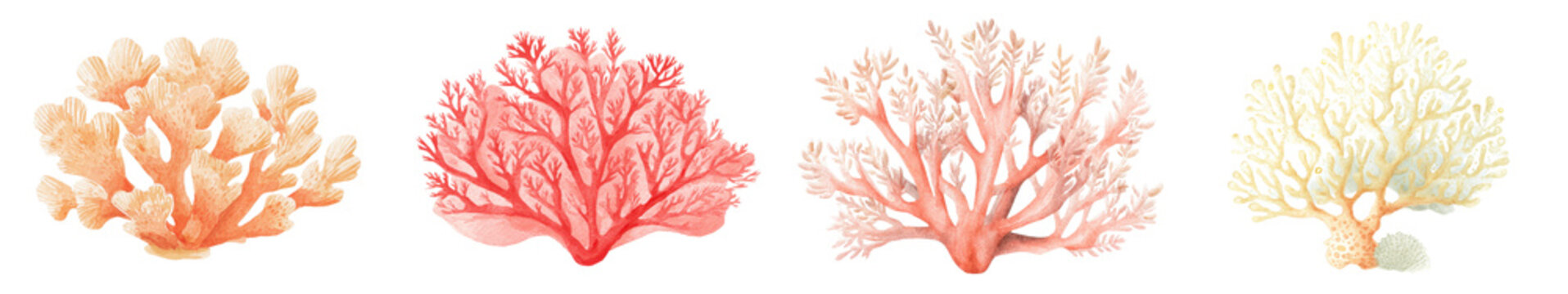 Watercolor illustration set of coral reef elements, hand painted branching and fan corals in soft pastel colors, detailed marine decorations isolated on white background