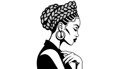 Black Woman Portrait, Braids Updo, Hoop Earrings, Profile View, Elegant Style © ISLAH