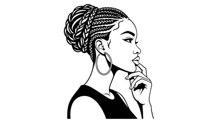 Black Woman Profile Portrait with Braids Updo and Hoop Earrings © ISLAH