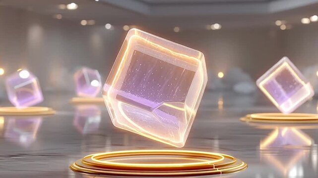 Glowing crystals on golden platforms in futuristic room