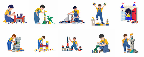Fototapeta premium Collection of illustrations featuring a boy playing with building blocks to create castles, bridges and fantasy worlds, isolated on a white background.