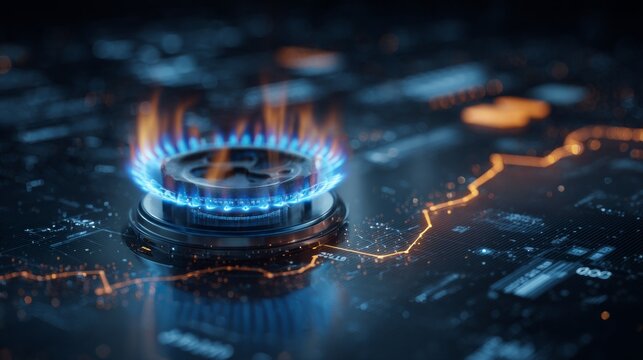 Igniting economic strain: the impact of rising gas prices across the globe. Glowing dashboards. Blue flame and financial patterns highlight global household cost increases.