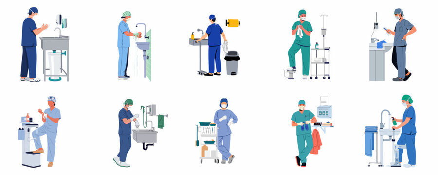 Collection of medical professionals performing surgical hand scrubbing and hygiene procedures before surgery in a clinical hospital setting.