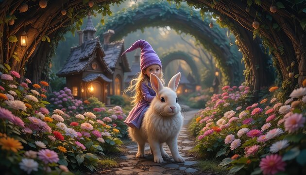 young gnome girl with purple hat riding a fluffy bunny through a flower tunnel path, leading to a village of mushroom and acorn houses