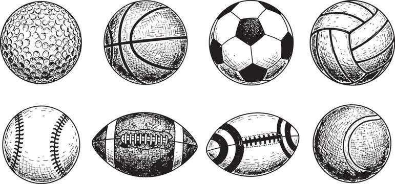 Collection of eight sport balls illustrated as easter eggs in a sketch style