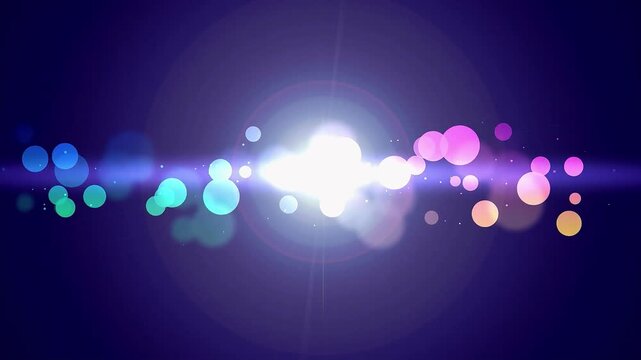 Abstract Vibrant Glowing Bokeh Orbs with Lens Flare on Dark Background.