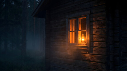 Fototapeta premium Wooden cabin window with warm light at night