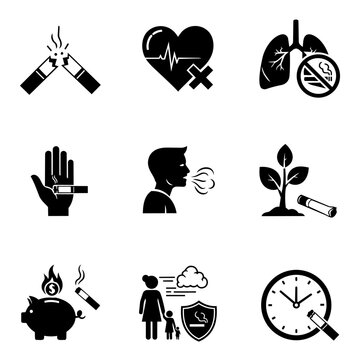 Collection of icons illustrating various health risks and social impacts of cigarette smoking habits