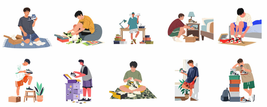 Flat vector illustration set of young sneakerhead men unboxing, cleaning, and trying on new collectible sneakers in their rooms.