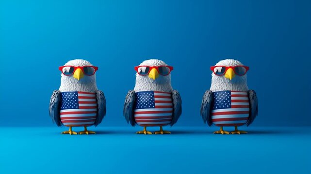 A dancing bald eagle wearing sunglasses and a T-shirt with the American flag celebrates joyfully on a flat blue background, creating a festive holiday atmosphere.