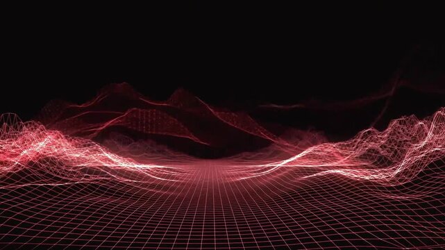 Abstract Red Wireframe Landscape with Digital Data Flow and Cyber Technology Grid Background.