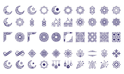 Collection of Islamic cultural symbols including crescents moons stars lanterns mosques and geometric patterns © Sharea