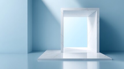 Minimalist interior with geometric window and soft light effect.