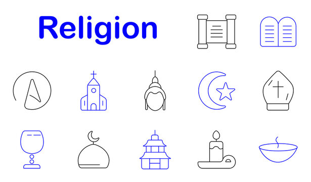 Religion spiritual set icon. Line style icons display scroll scripture, stone tablets, church building, bishop hat, crescent star, temple structure, candle flame, prayer bowl, goblet cup, mosque dome