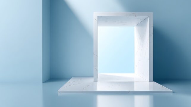 Minimalist interior with geometric window and soft light effect.