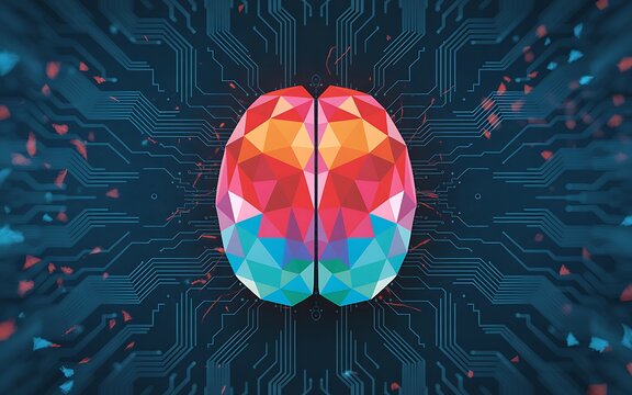 Vibrant geometric brain on digital circuit board symbolizing artificial intelligence and smart technology.
