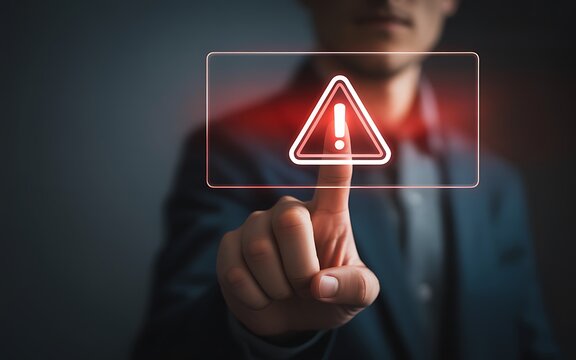 Man touching digital alert warning symbol on interface, urgent notification concept for cybersecurity and security.