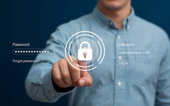User logs in with username and password at digital interface with lock symbol, symbolizing security and access.