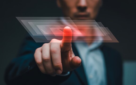 Man pointing finger at abstract digital data stream, future technology and AI concept, innovation and progress.