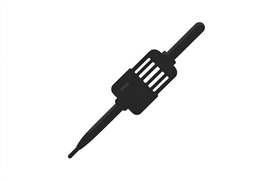 Isolated dark silhouette of a scientific fluid dispensing tool is positioned diagonally on a white background.