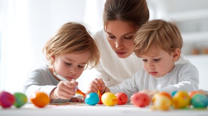 Obraz premium Heartwarming family time painting easter eggs with love. Minimal layout. Children enjoying a fun easter egg painting session with mom. Editorial style. Art direction.