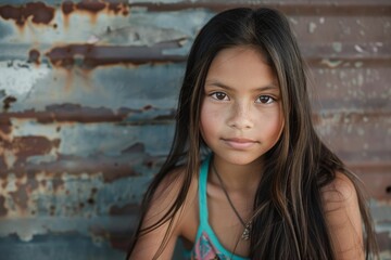 Fototapeta premium Portrait of a confident young girl with long brown hair standing against a weathered, rusty metal wall