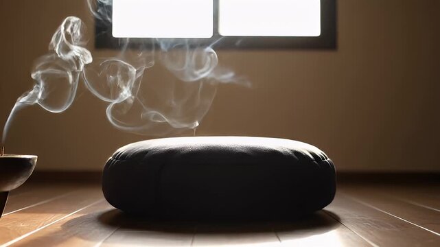 Meditation cushion and burning incense on wooden floor near window
