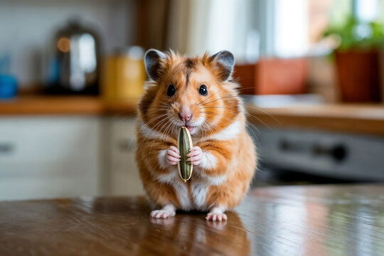 Adorable fluffy hamster holding food while sitting on a wooden table in a cozy kitchen setting, captured with soft natural lighting and shallow depth of field, perfect for pet care, cuteness, and anim