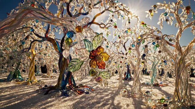intricate glass trees in a snowy landscape with sunburst lighting and colorful floral accents