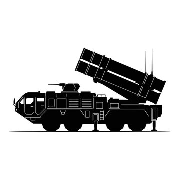 Mobile surface-to-air missile system launcher vehicle silhouette isolated on white background