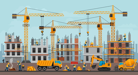 Construction Site with Cranes, Buildings, Workers, and Machinery © Rizal