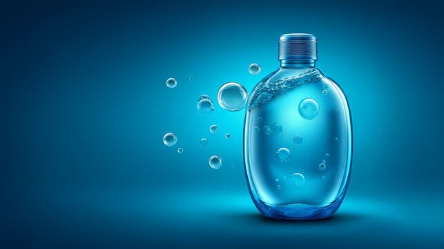 Stylish blue water bottle with bubbles on a vibrant background.