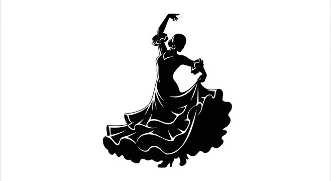 Silhouette of a Female Flamenco Dancer in Traditional Spanish Dress Performing a Passionate Cultural Dance
