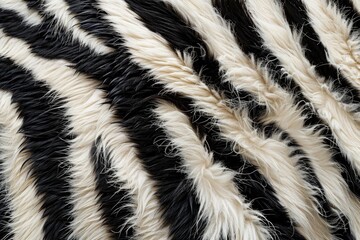 Obraz premium Close up view of a soft, fluffy zebra print faux fur fabric, showing contrasting black and white stripes