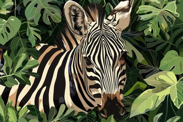 Obraz premium Zebra camouflaging its striped pattern within a dense tropical forest