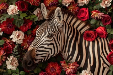 Obraz premium Zebra head and striped neck surrounded by vibrant red and pink petals with green leaves