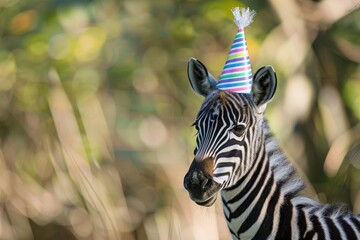 Obraz premium Cute zebra with striped party hat standing in nature celebrating event