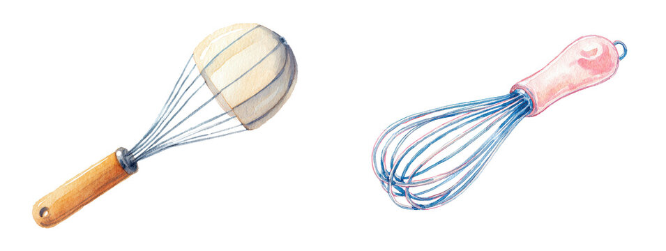 Two kitchen whisks in watercolor illustration, hand mixer utensils with wooden and pink handles isolated on black background