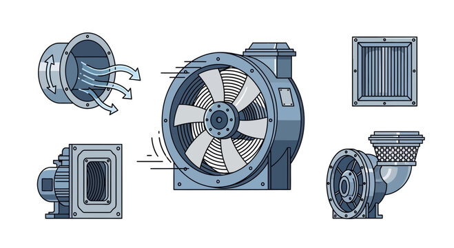 Industrial Ventilation Fans and Airflow System Components Set - Vector Illustration