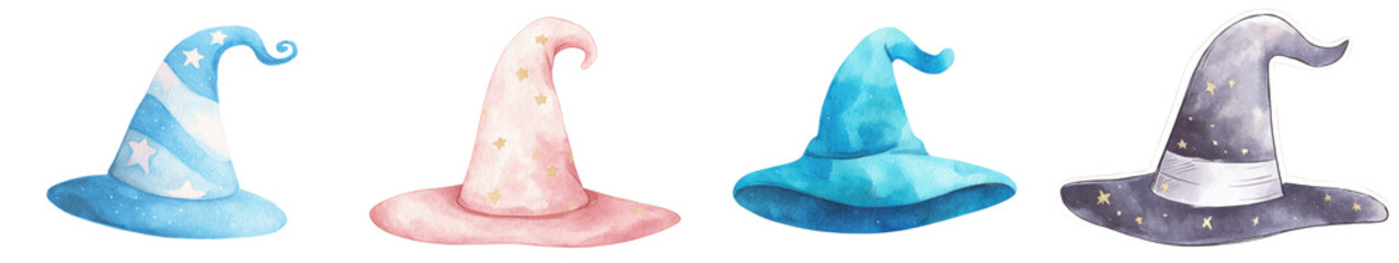 Fototapeta premium Set of four watercolor witch hats in blue pink and purple, whimsical fantasy costume illustration on black background