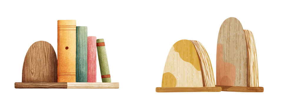 Set of two hand painted wooden bookend illustrations with books and abstract shelf organizers