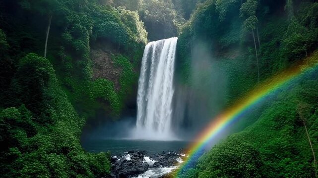  Majestic Cascade & Rainbow: A magnificent waterfall plunges into a tranquil pool below, creating a vibrant rainbow against lush greenery, capturing the raw power and natural beauty. Generative AI.