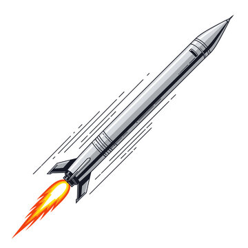 A sleek silver rocket launching into space.