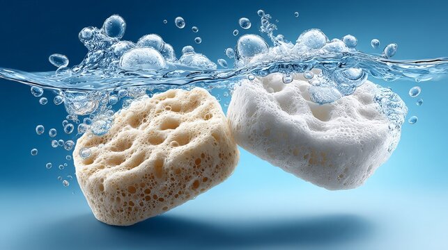 Two sponges submerged in water, creating dynamic ripples and bubbles.