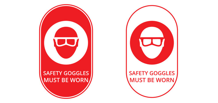 Safety goggles must be worn mandatory sign. Eye protection required vector icon set. Industrial warning sticker with head profile and glasses in red and white colors. PPE equipment compliance labels.