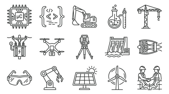 Collection of line icons representing various engineering disciplines and technological advancements, including civil, electrical, mechanical, software, and renewable energy.