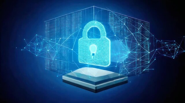 Digital padlock in a data cube with network connections, floating above a platform