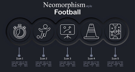 Football set icon. Stopwatch training time, soccer player dribble, tactics board strategy, training cone marker, playbook formation scheme, sport coaching session © Anastasia