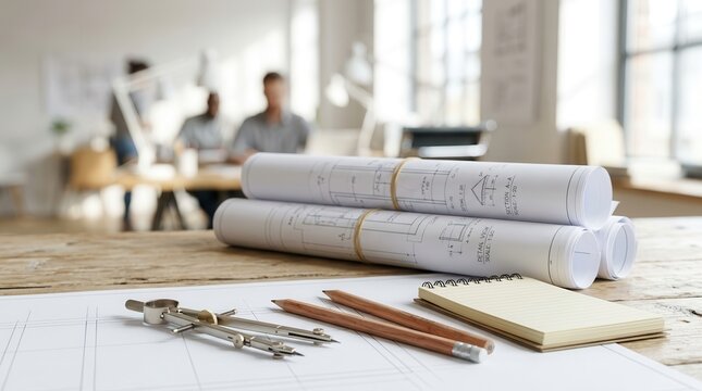 Professional architectural blueprints, drawing tools, and a notepad on a wooden surface for design work.