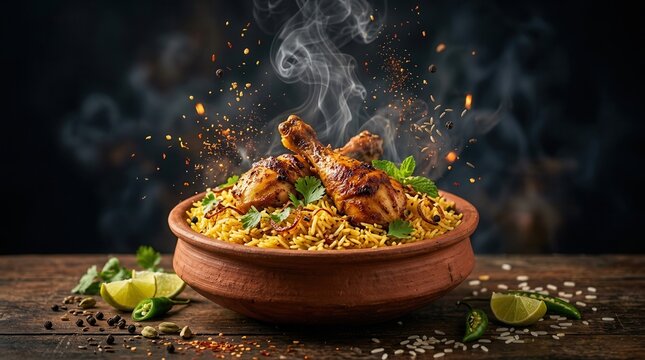 Authentic spicy Hyderabadi chicken biryani with steaming rice and chicken drumsticks.
